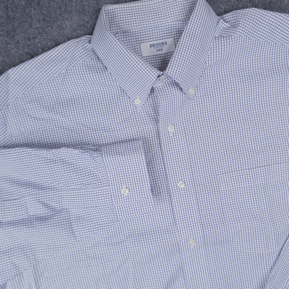 Brooks Brothers 346 Dress Shirt Mens 16.5 35 Blue White Micro Check Non-Iron L/S